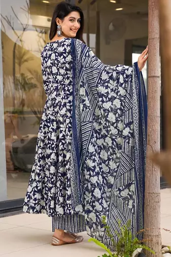Navy blue digital printed muslin anarkali palazzo set with dupatta