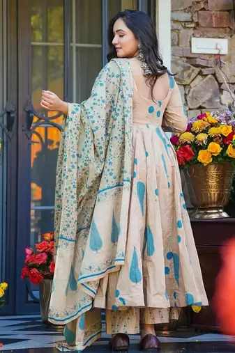 Cream digital printed muslin anarkali palazzo set with dupatta