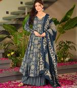 Dark blue digital printed muslin anarkali palazzo set with dupatta