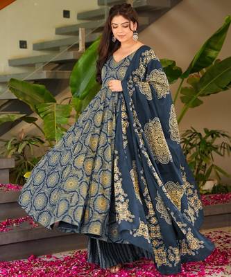 Dark blue digital printed muslin anarkali palazzo set with dupatta 2