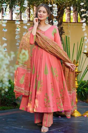 Pink digital printed muslin anarkali palazzo set with dupatta