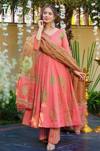 Pink digital printed muslin anarkali palazzo set with dupatta