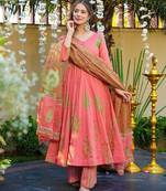 Pink digital printed muslin anarkali palazzo set with dupatta