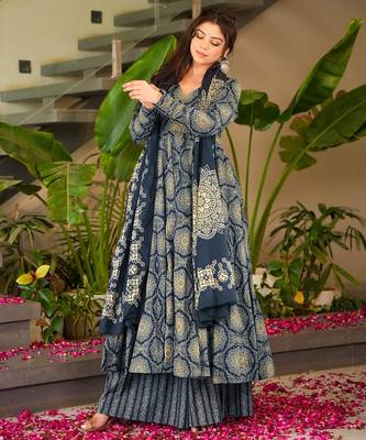Dark blue digital printed muslin anarkali palazzo set with dupatta 3