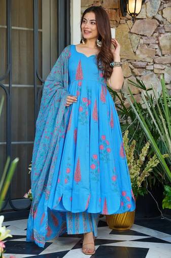 Sky blue digital printed muslin anarkali palazzo set with dupatta