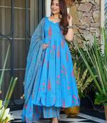 Sky blue digital printed muslin anarkali palazzo set with dupatta