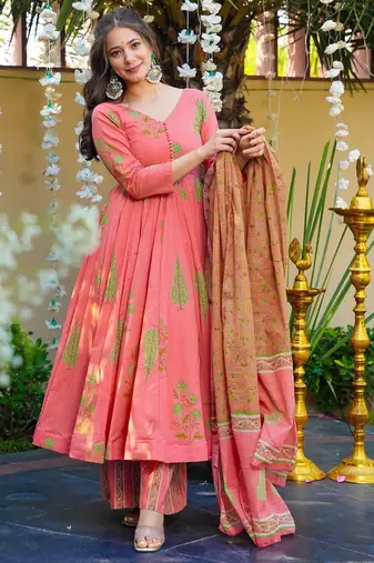 Pink digital printed muslin anarkali palazzo set with dupatta