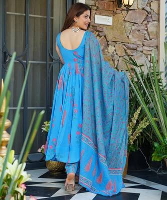 Sky blue digital printed muslin anarkali palazzo set with dupatta 3