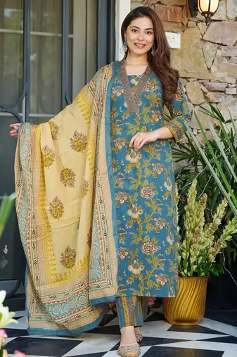 Teal blue digital printed muslin traditional kurta set with dupatta