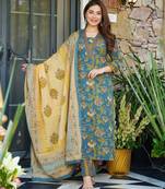 Teal blue digital printed muslin traditional kurta set with dupatta