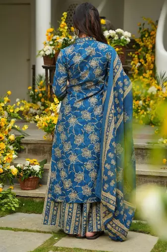 Blue digital printed muslin traditional kurta set with dupatta
