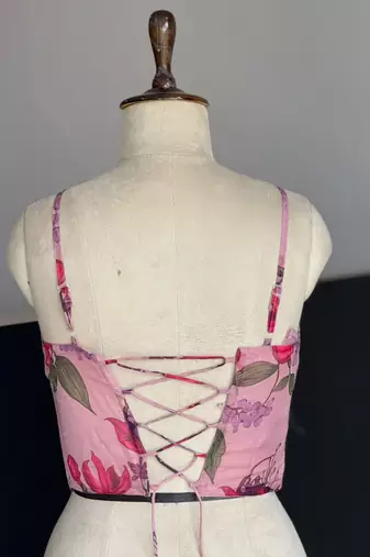 pink organza printed lehenga choli with free size upto 42