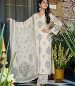 Off white digital printed muslin traditional kurta set with dupatta