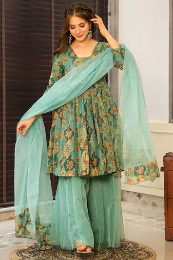 Turquoise digital printed silk blend designer sharara set with dupatta