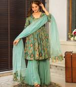 Turquoise digital printed silk blend designer sharara set with dupatta