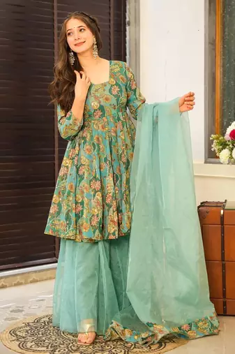 Turquoise digital printed silk blend designer sharara set with dupatta