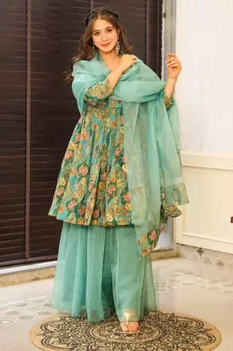 Turquoise digital printed silk blend designer sharara set with dupatta