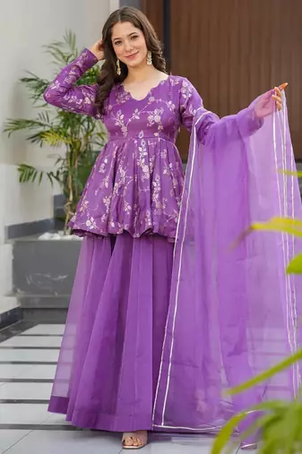Purple digital printed silk blend  designer sharara set with dupatta