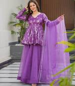 Purple digital printed silk blend  designer sharara set with dupatta