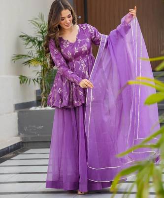 Purple digital printed silk blend  designer sharara set with dupatta 2