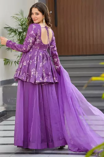 Purple digital printed silk blend  designer sharara set with dupatta