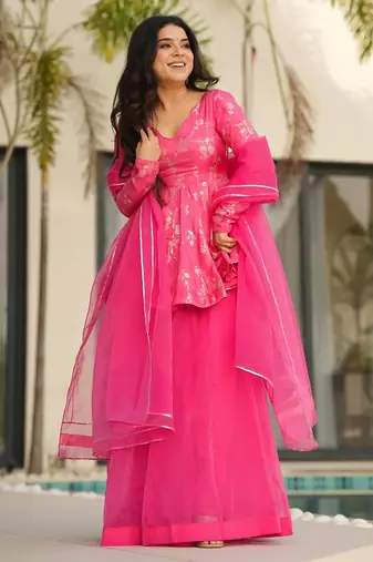 Pink digital printed silk blend designer sharara set with dupatta