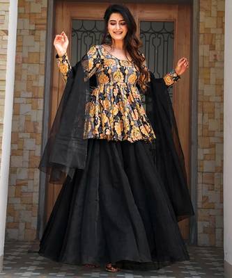 Black digital printed silk blend designer sharara set with dupatta 1
