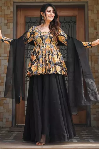 Black digital printed silk blend designer sharara set with dupatta