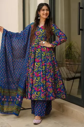 Multicolor digital printed muslin anarkali palazzo set with dupatta