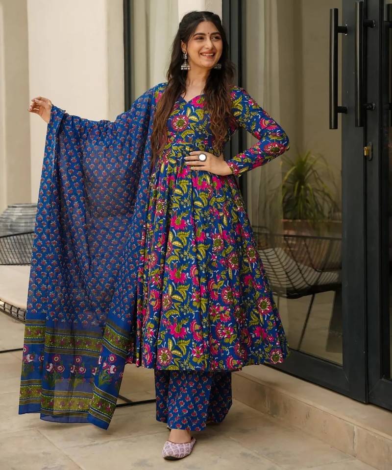 Multicolor digital printed muslin anarkali palazzo set with dupatta