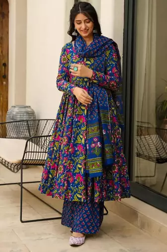 Multicolor digital printed muslin anarkali palazzo set with dupatta