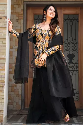 Black digital printed silk blend designer sharara set with dupatta