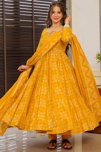 Yellow digital printed muslin anarkali palazzo set with dupatta
