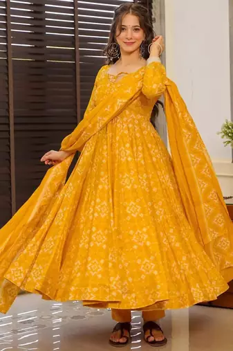 Yellow digital printed muslin anarkali palazzo set with dupatta