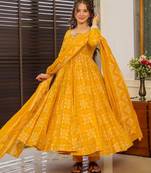 Yellow digital printed muslin anarkali palazzo set with dupatta