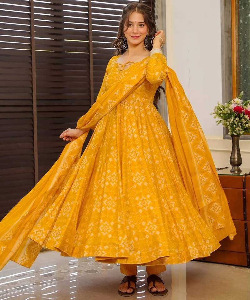 Yellow digital printed muslin anarkali palazzo set with dupatta