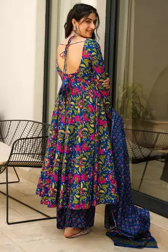 Multicolor digital printed muslin anarkali palazzo set with dupatta