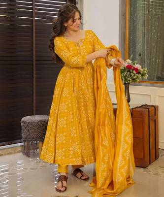Yellow digital printed muslin anarkali palazzo set with dupatta 3