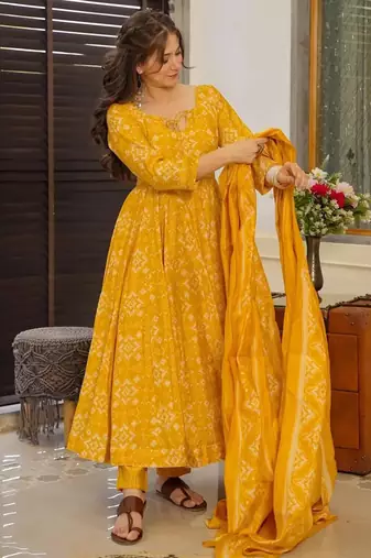 Yellow digital printed muslin anarkali palazzo set with dupatta