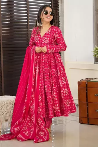 Pink digital printed muslin anarkali palazzo set with dupatta