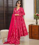 Pink digital printed muslin anarkali palazzo set with dupatta
