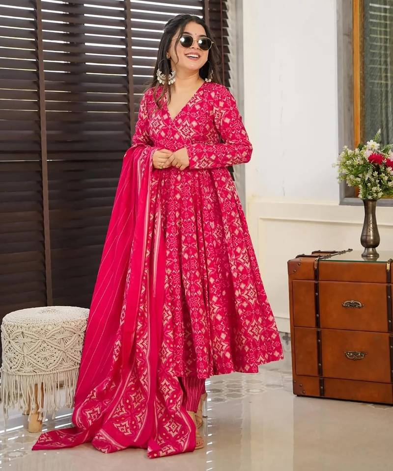Pink digital printed muslin anarkali palazzo set with dupatta