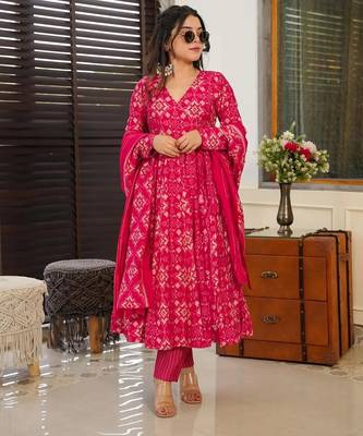 Pink digital printed muslin anarkali palazzo set with dupatta 2