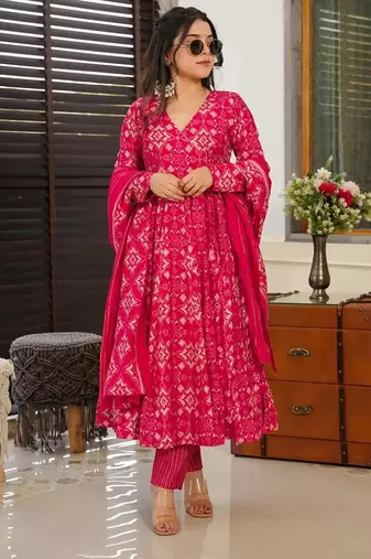 Pink digital printed muslin anarkali palazzo set with dupatta