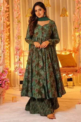 Multicolor digital printed muslin anarkali palazzo set with dupatta