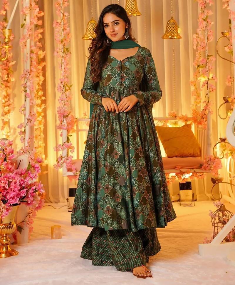 Multicolor digital printed muslin anarkali palazzo set with dupatta