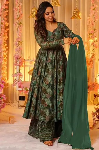 Multicolor digital printed muslin anarkali palazzo set with dupatta