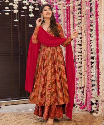 Multicolor digital printed muslin anarkali palazzo set with dupatta 1