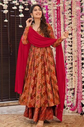 Multicolor digital printed muslin anarkali palazzo set with dupatta