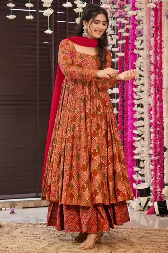 Multicolor digital printed muslin anarkali palazzo set with dupatta